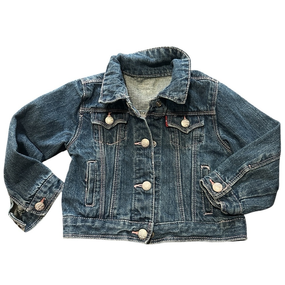 Levi’s, red tag, pink stitching & snaps, medium wash denim, cotton, sz 24m